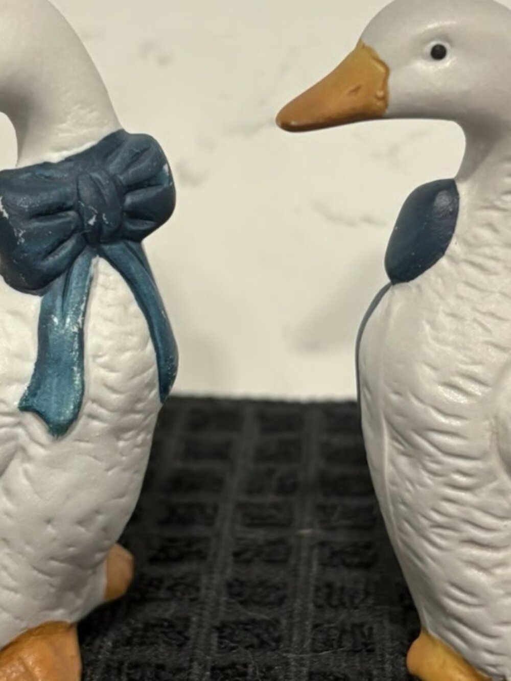 Vintage 1980's Ceramic White Goose Figurines Blue Bows Country Cottagecore Set 2